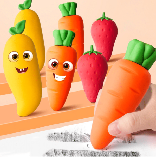 Charming Cartoon Fruit Erasers: TPE Material, Clean and Odorless, Featuring Strawberry, Mango, and Carrot Designs - Playful Erasing Fun! - Image 2